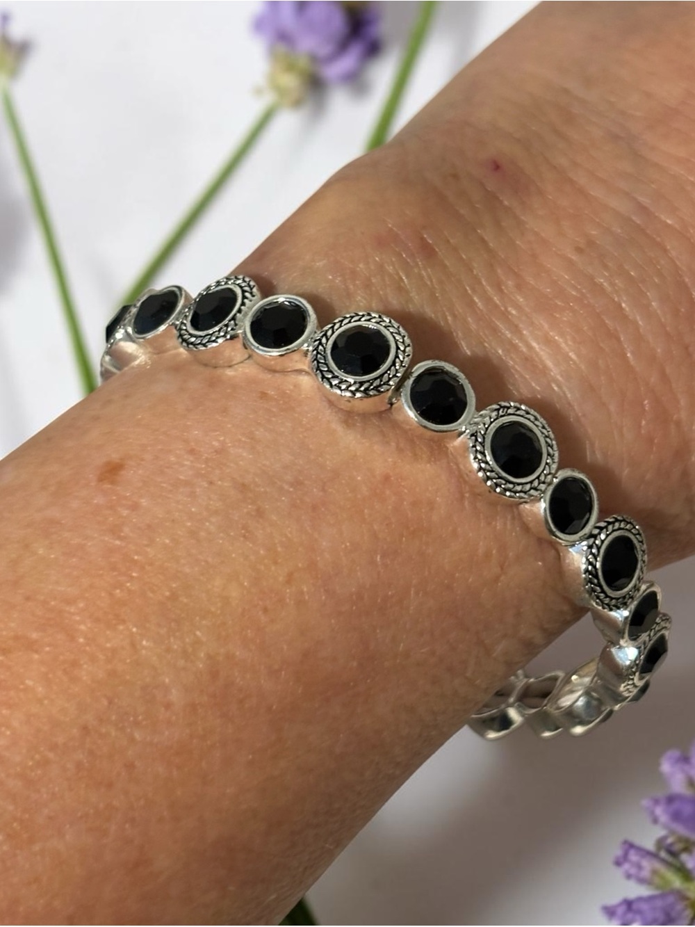 Napier Silver Jet Black Stone Stretch Bracelet & Earring Set